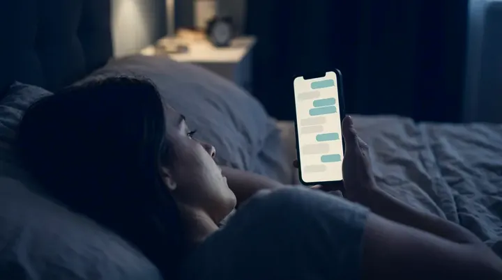 Mujer en la cama por la noche conversando con un chat en el móvil